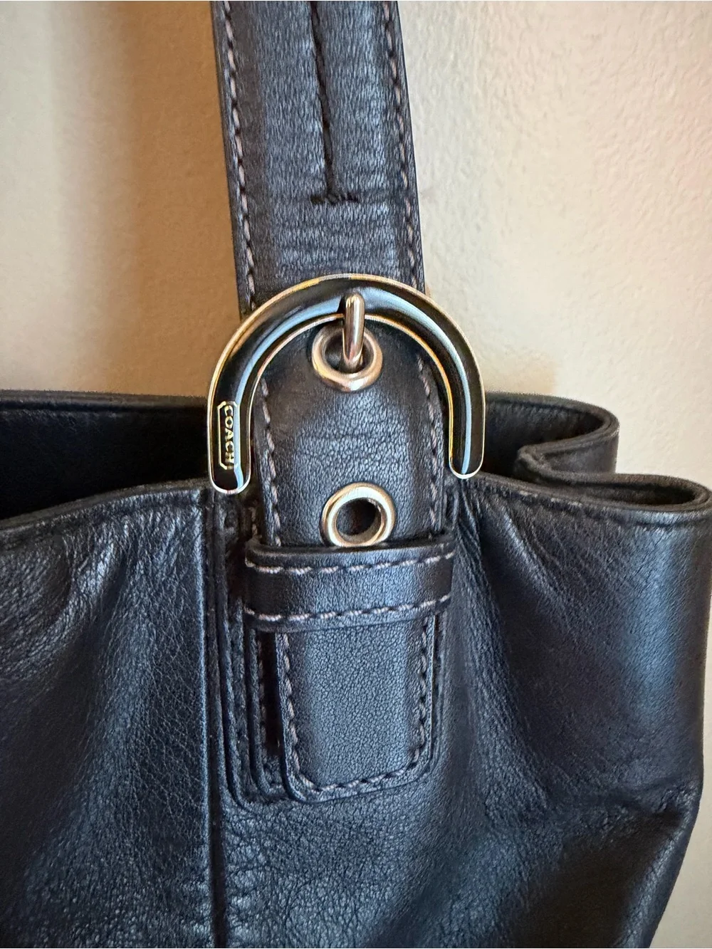 Coach F17216 Soho North South Black Leather Tote Shoulder Bag Blue Liner No Tag